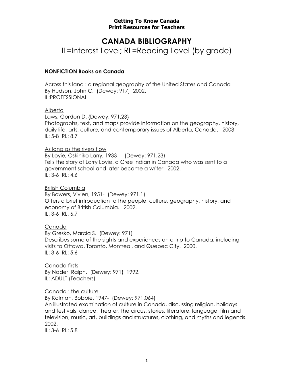 CANADA BIBLIOGRAPHY IL=Interest Level; RL=Reading Level (By Grade)