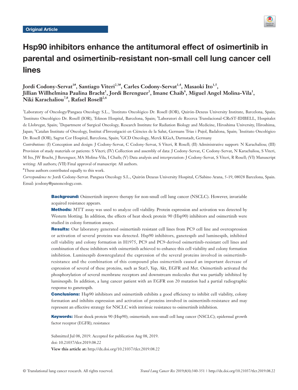 Hsp90 Inhibitors Enhance the Antitumoral Effect of Osimertinib in Parental and Osimertinib-Resistant Non-Small Cell Lung Cancer Cell Lines