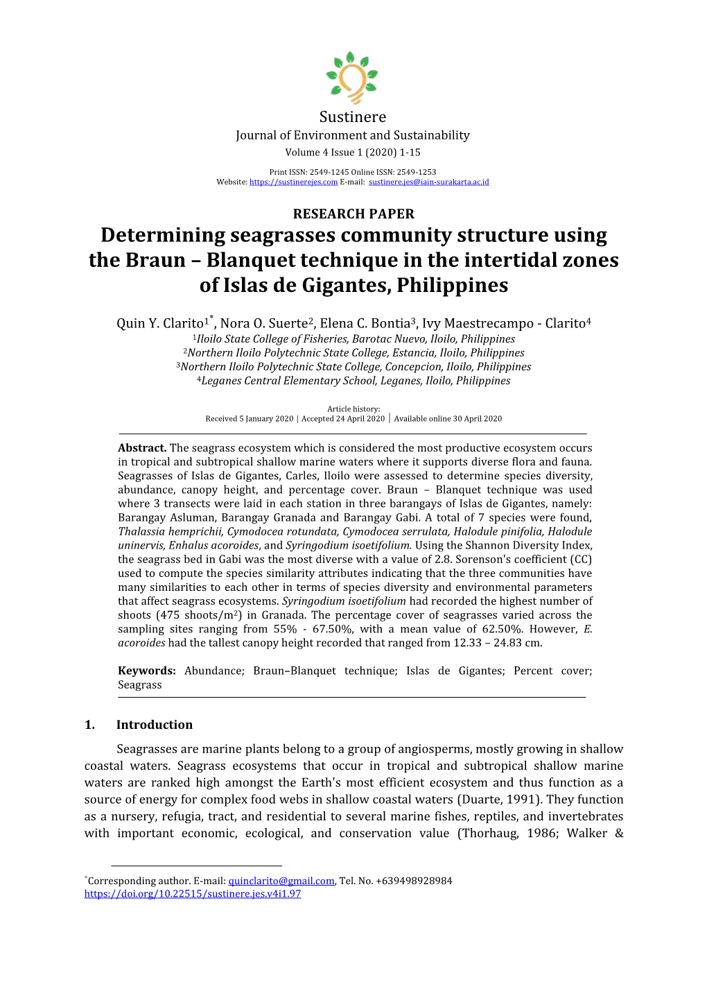 Determining Seagrasses Community Structure Using the Braun – Blanquet Technique in the Intertidal Zones of Islas De Gigantes, Philippines