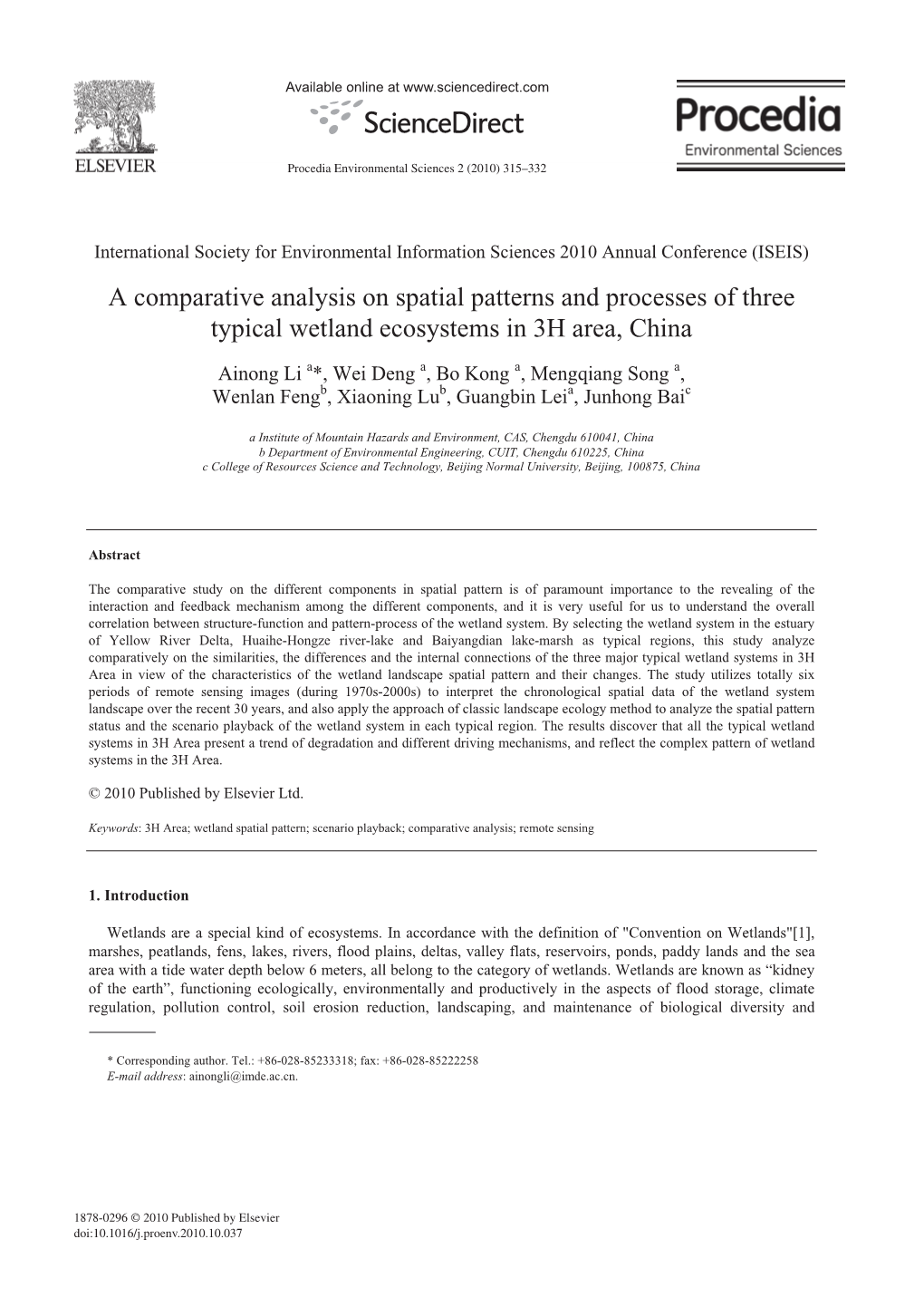 A Comparative Analysis on Spatial Patterns and Processes of Three Typical Wetland Ecosystems in 3H Area, China