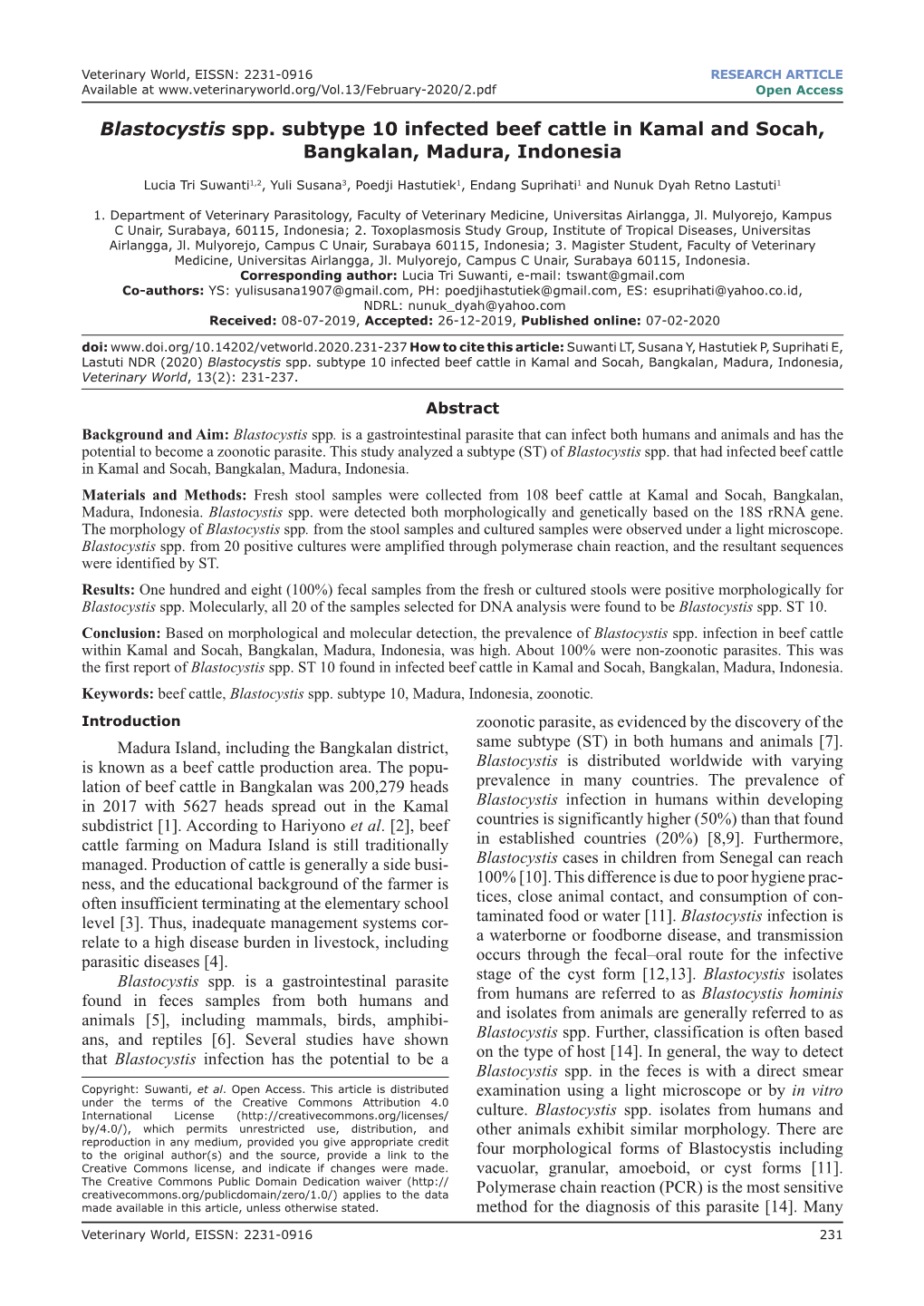 Blastocystis Spp. Subtype 10 Infected Beef Cattle in Kamal and Socah, Bangkalan, Madura, Indonesia