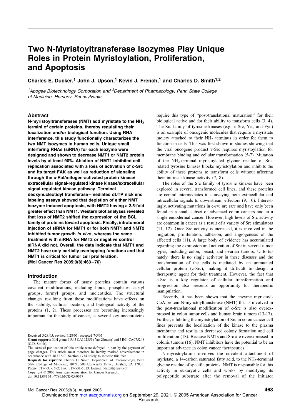 Two N-Myristoyltransferase Isozymes Play Unique Roles in Protein Myristoylation, Proliferation, and Apoptosis