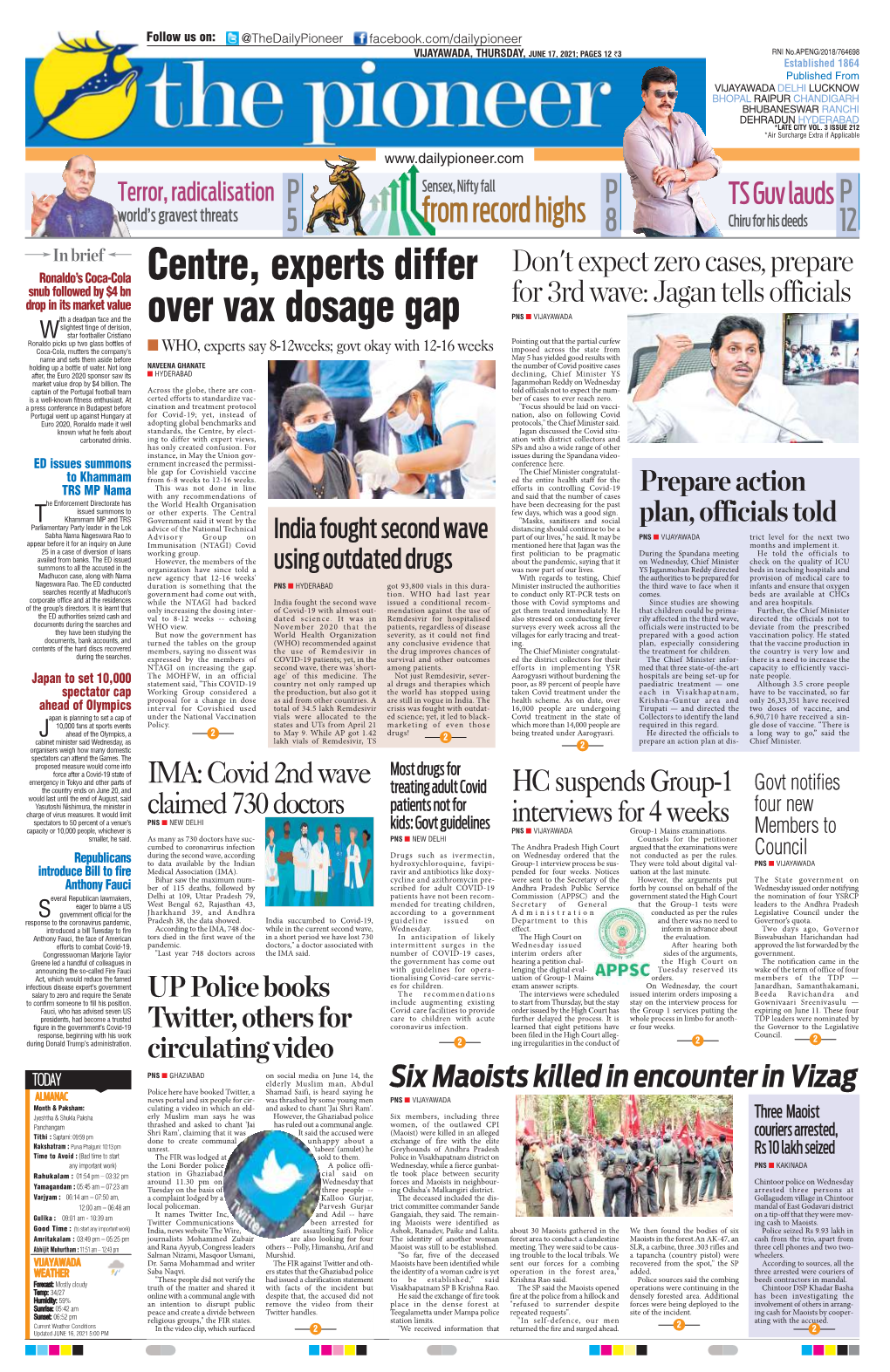 Centre, Experts Differ Over Vax Dosage Gap PNS N VIJAYAWADA