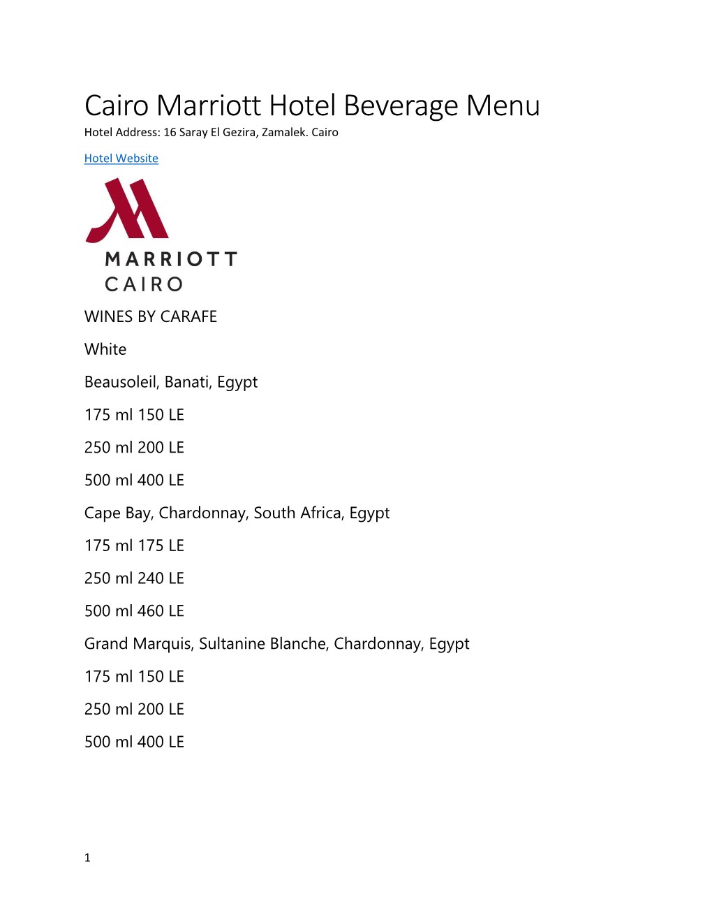 Cairo Marriott Beverages