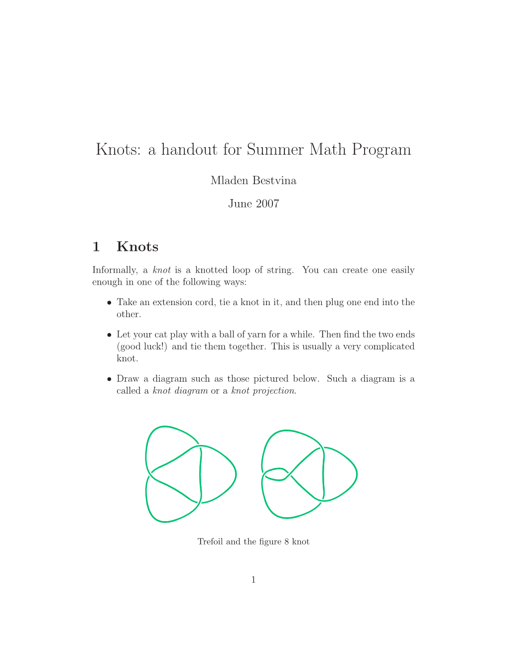 Knots: a Handout for Summer Math Program