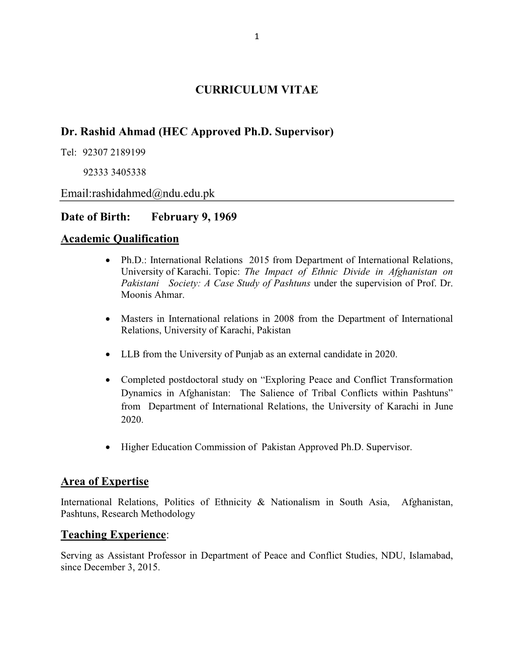 CURRICULUM VITAE Dr. Rashid Ahmad