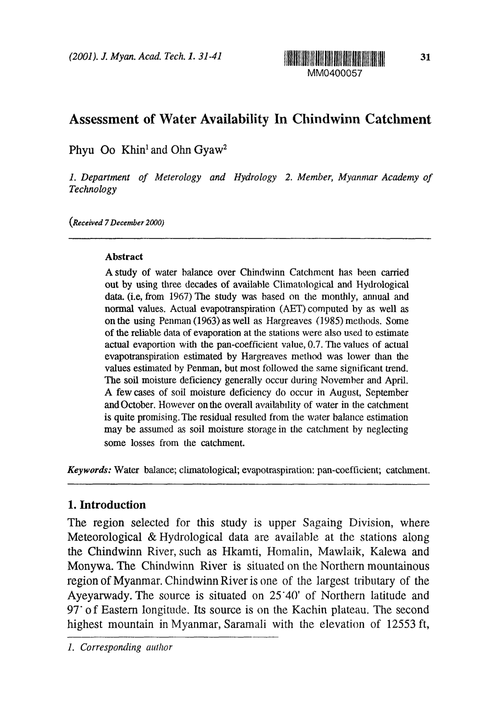 Assessment of Water Availability in Chindwinn Catchment