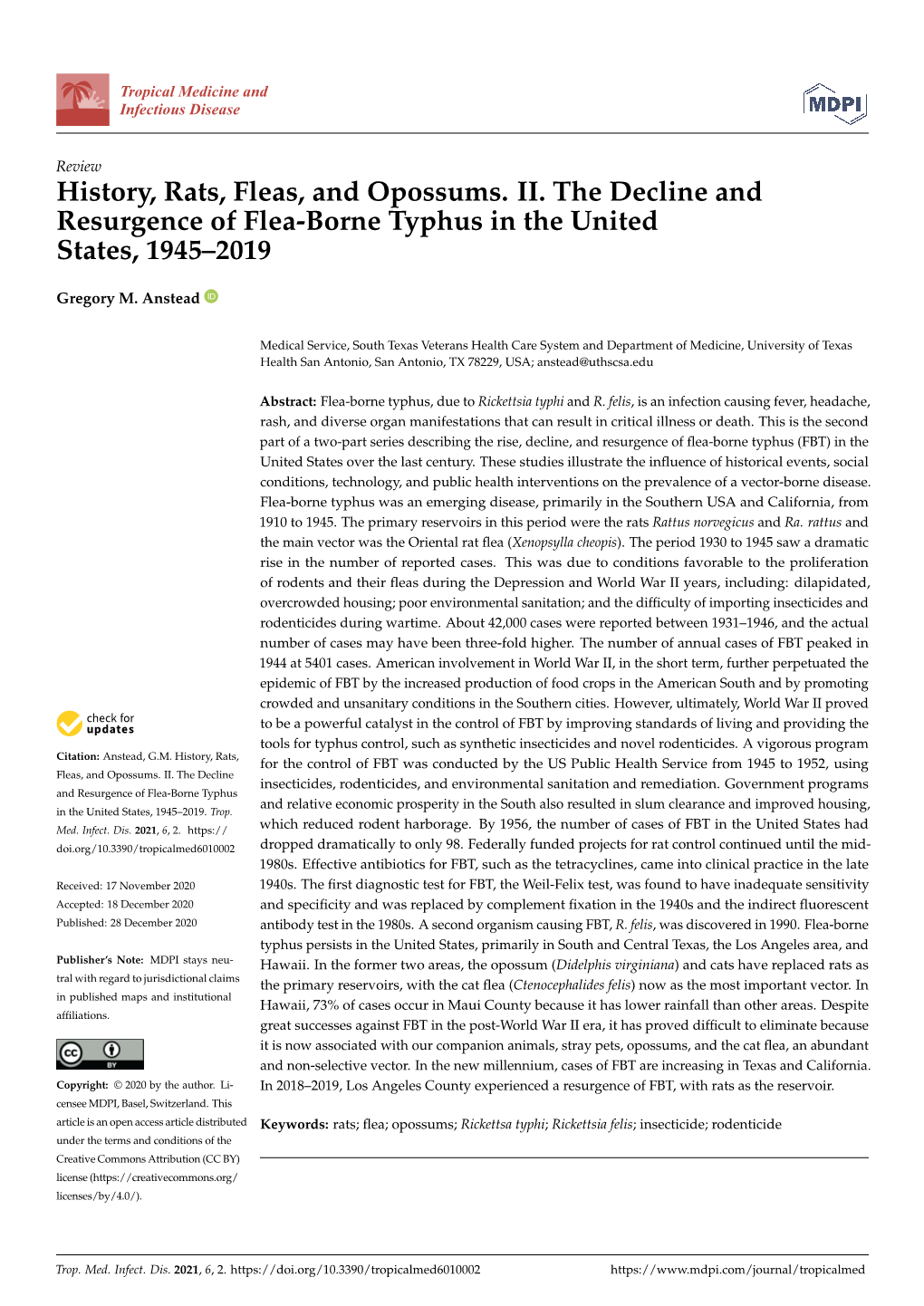 History, Rats, Fleas, and Opossums. II. the Decline and Resurgence of Flea-Borne Typhus in the United States, 1945–2019