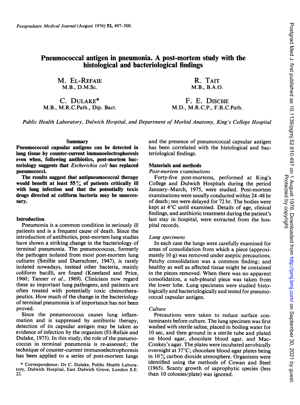 Pneumococcal Antigen in Pneumonia. a Post-Mortem Study with the Histological and Bacteriological Findings M