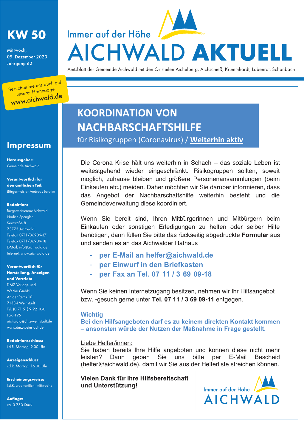 AICHWALD AKTUELL Amtsblatt Der Gemeinde Aichwald Mit Den Ortsteilen Aichelberg, Aichschieß, Krummhardt, Lobenrot, Schanbach
