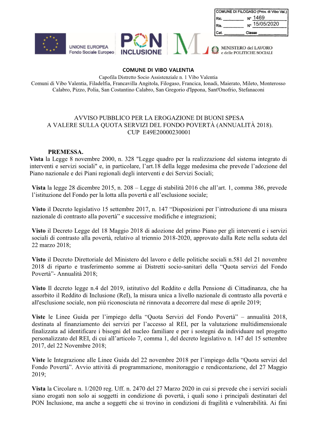 Avviso Pubblico Per La Erogazione Di Buoni Spesa a Valere Sulla Quota Servizi Del Fondo Povertà (Annualità 2018). Cup E49e20000230001