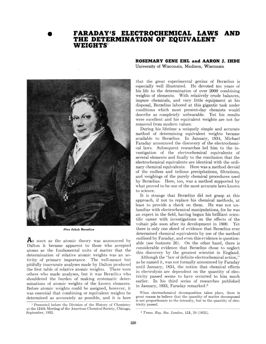 Faraday's Electrochemical Laws and the Determination of Equivalent Weights'