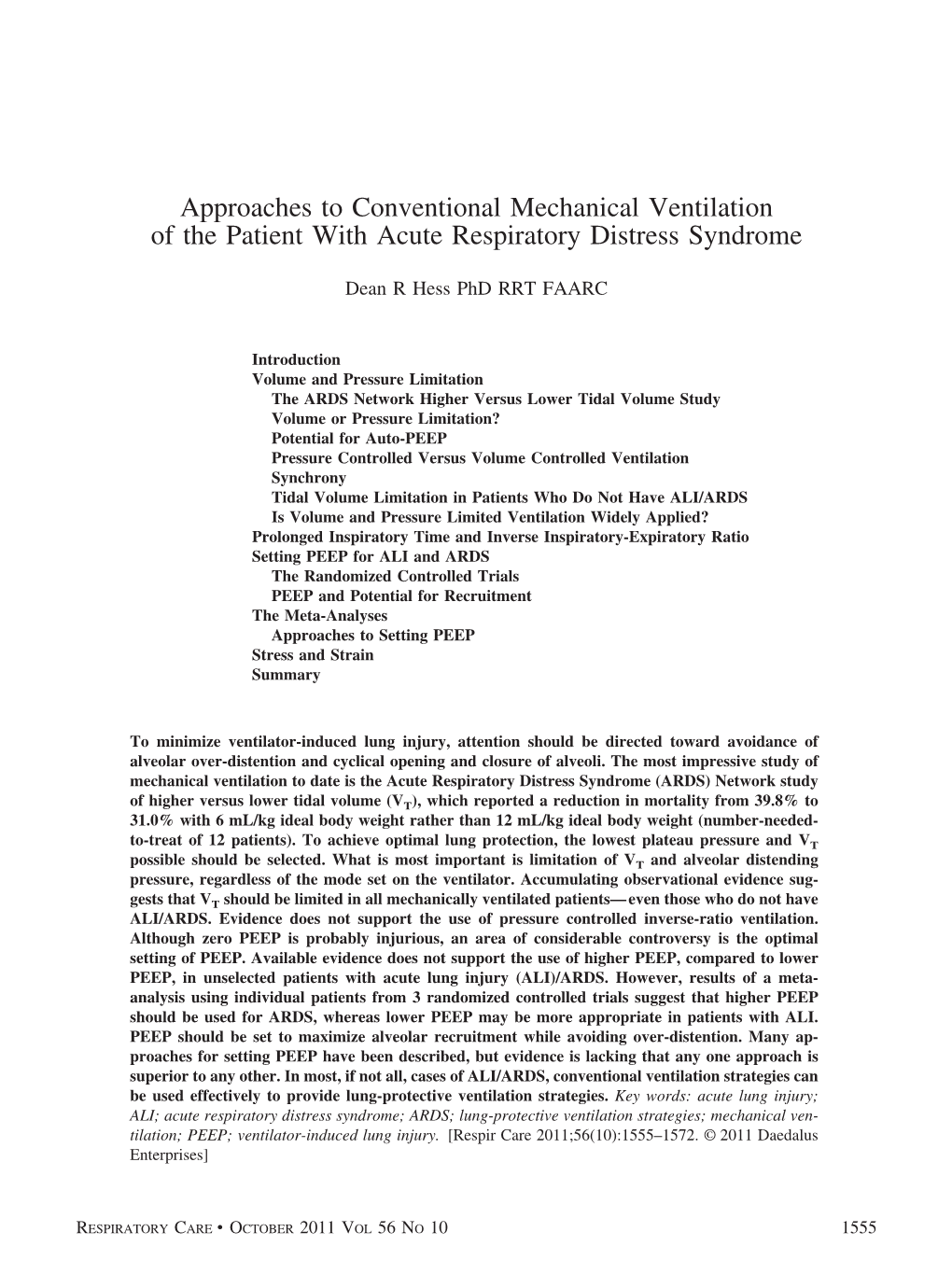 Approaches to Conventional Mechanical Ventilation of the Patient with Acute Respiratory Distress Syndrome