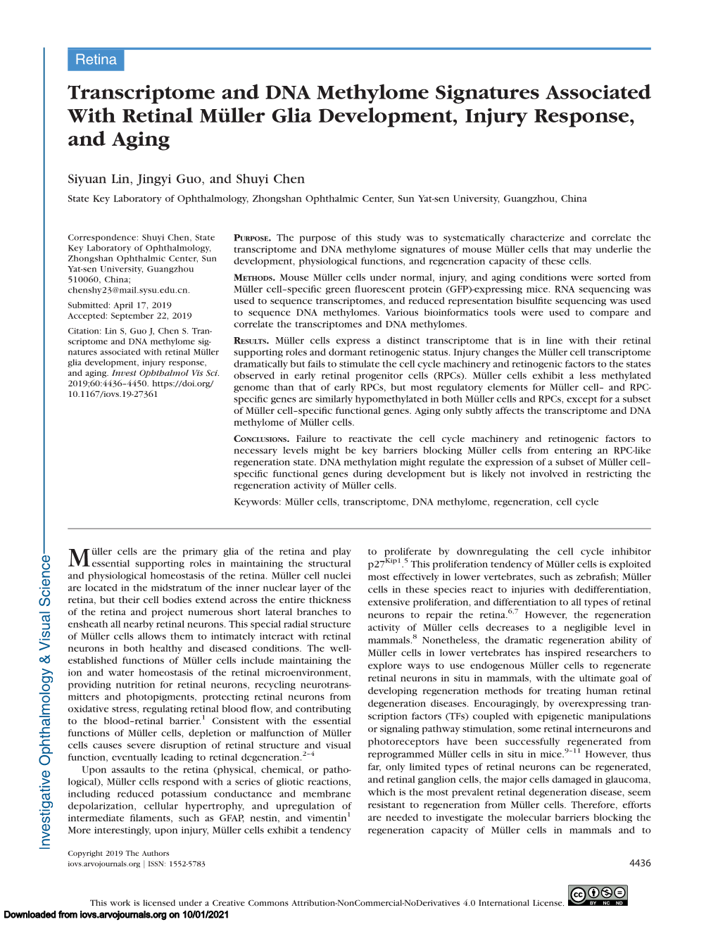 Transcriptome and DNA Methylome Signatures Associated with Retinal M¨Uller Glia Development, Injury Response, and Aging