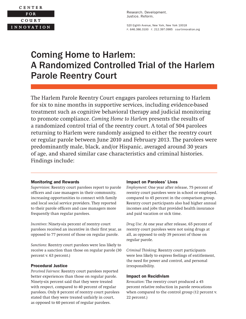 A Randomized Controlled Trial of the Harlem Parole Reentry Court