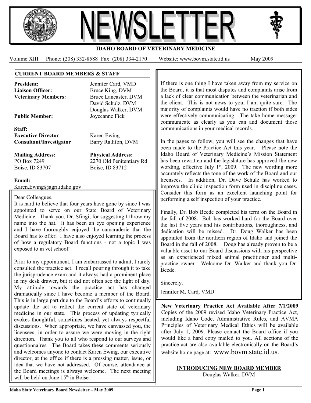 Idaho State Veterinary Board Newsletter May 2009 Page 1