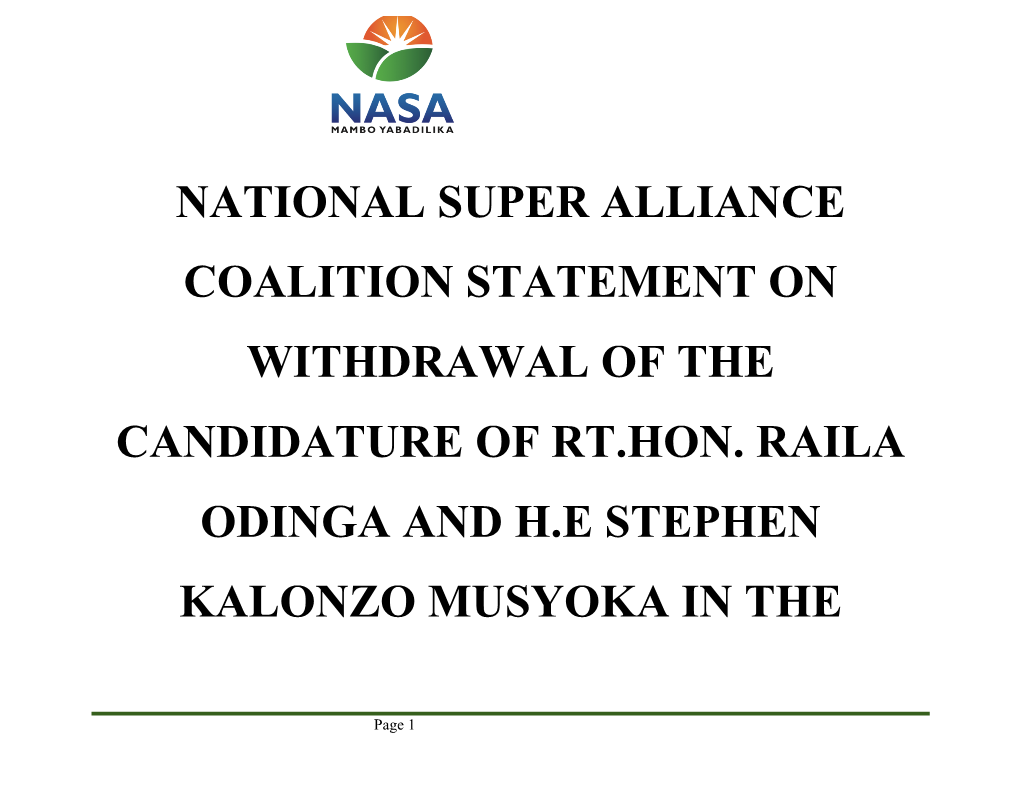 National Super Alliance Coalition Statement on Withdrawal of the Candidature of Rt.Hon