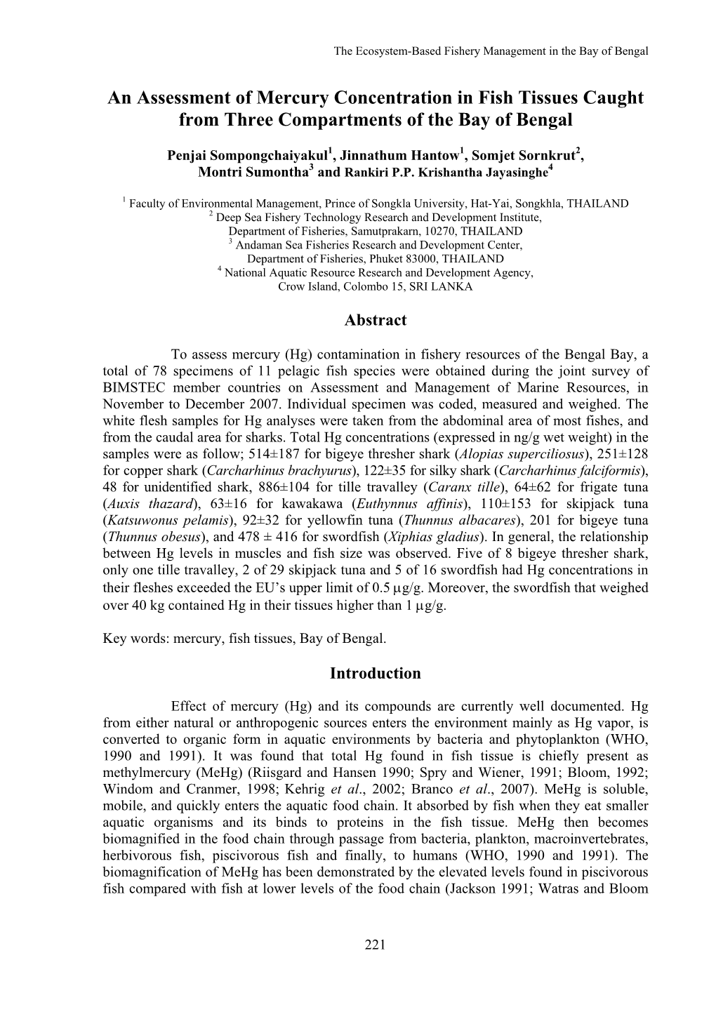 An Assessment of Mercury Concentration in Fish Tissues Caught from Three Compartments of the Bay of Bengal