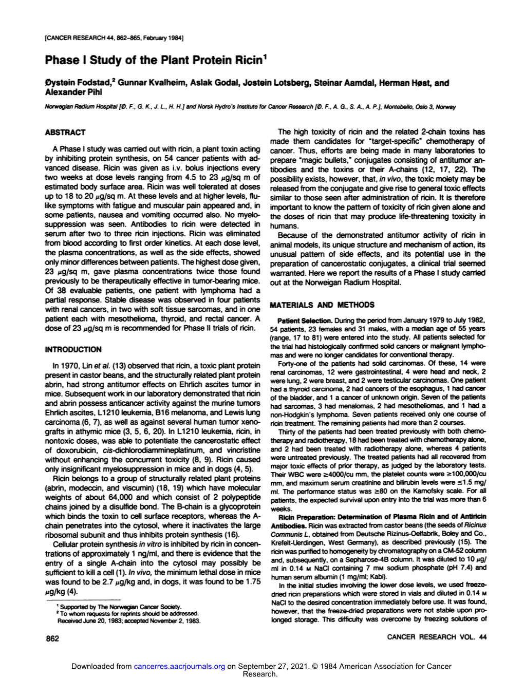 Phase I Study of the Plant Protein Ricin1