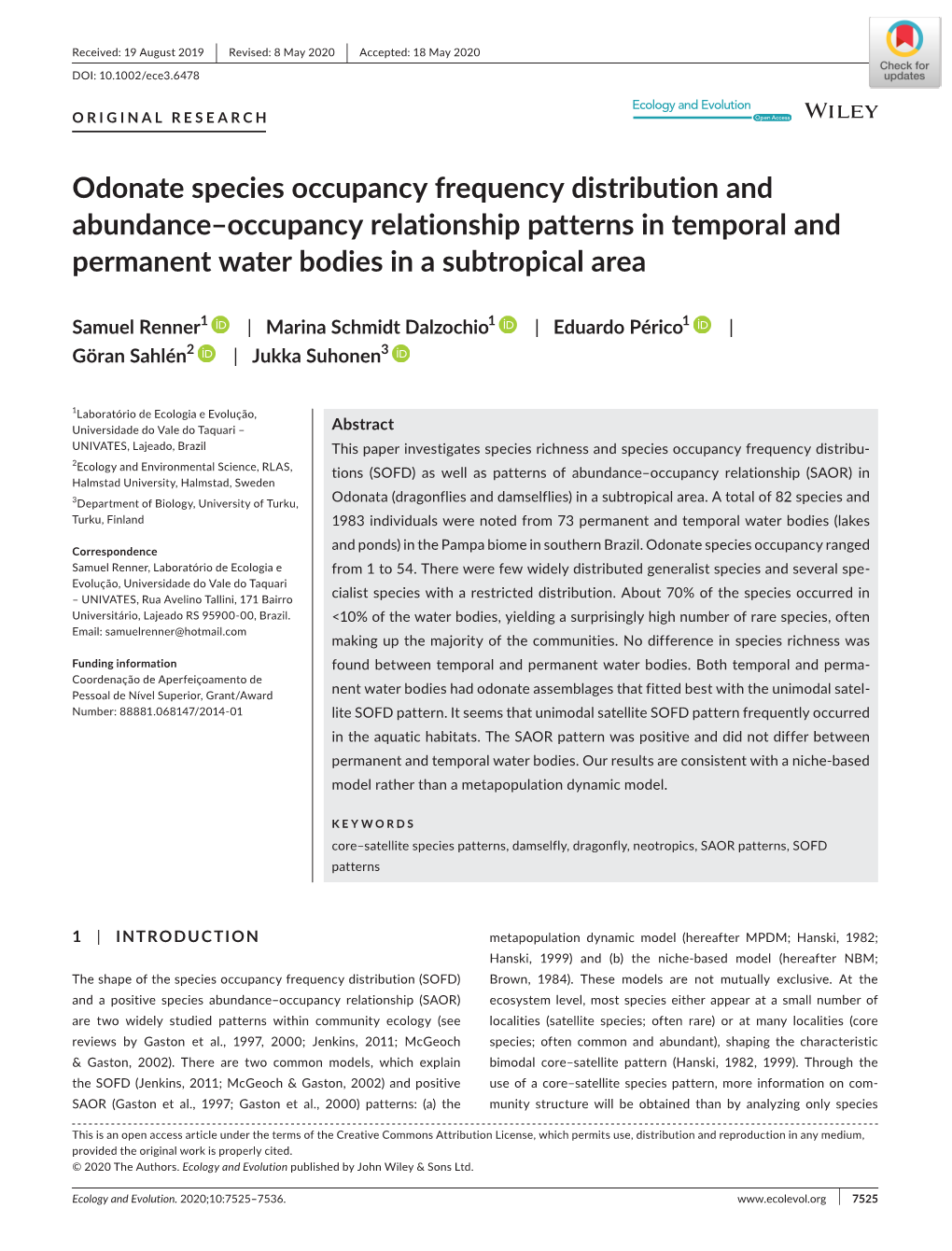 Odonate Species Occupancy Frequency Distribution and Abundance–Occupancy Relationship Patterns in Temporal and Permanent Water Bodies in a Subtropical Area