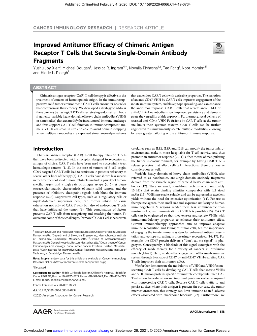 Improved Antitumor Efficacy of Chimeric Antigen Receptor T Cells That Secrete Single-Domain Antibody Fragments