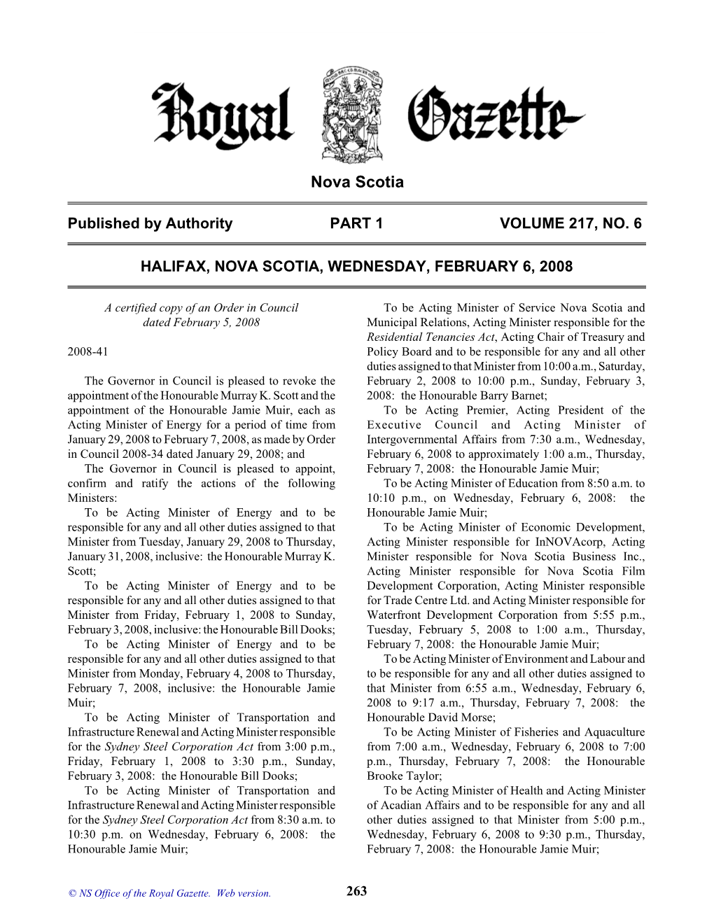 NS Royal Gazette Part I