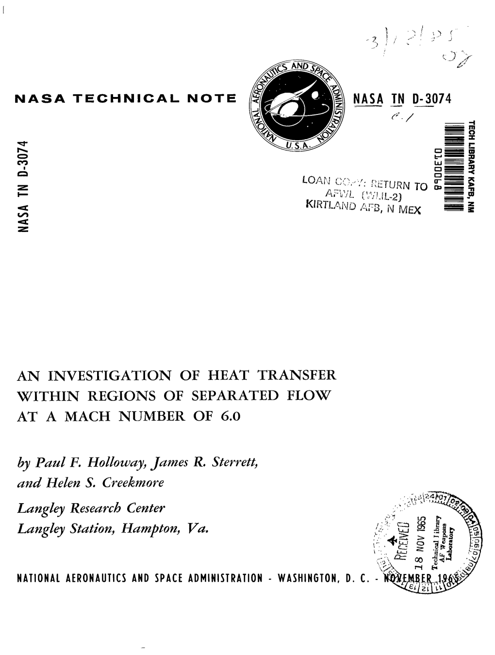 An Investigation of Heat Transfer Within Regions of Separated Flow at a Mach Number of 6.0