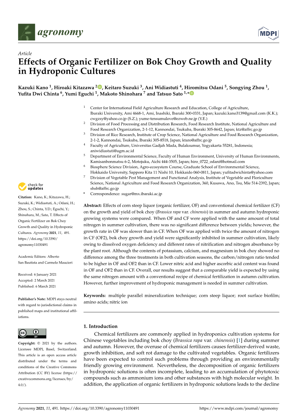 Effects of Organic Fertilizer on Bok Choy Growth and Quality in Hydroponic Cultures