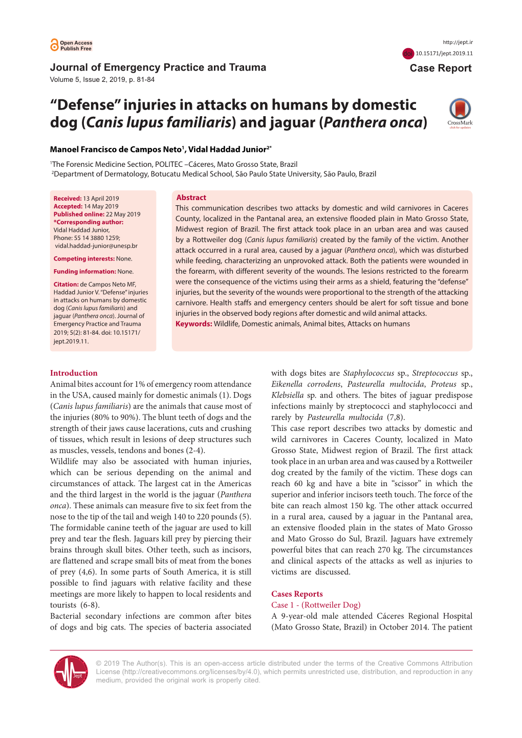 Injuries in Attacks on Humans by Domestic Dog (Canis Lupus Familiaris) and Jaguar (Panthera Onca)