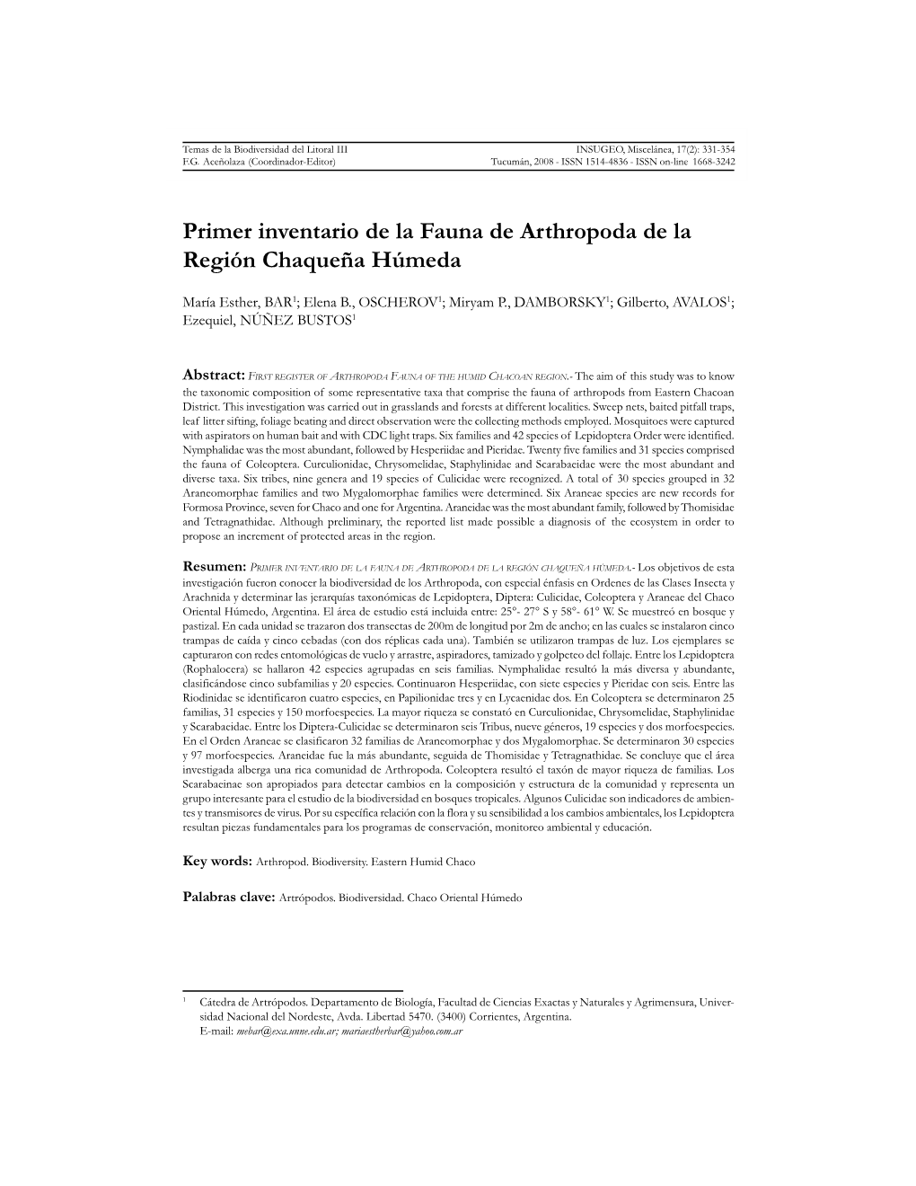 BAR Primer Inventario De Arthropoda De La Región Chaqueña.P65