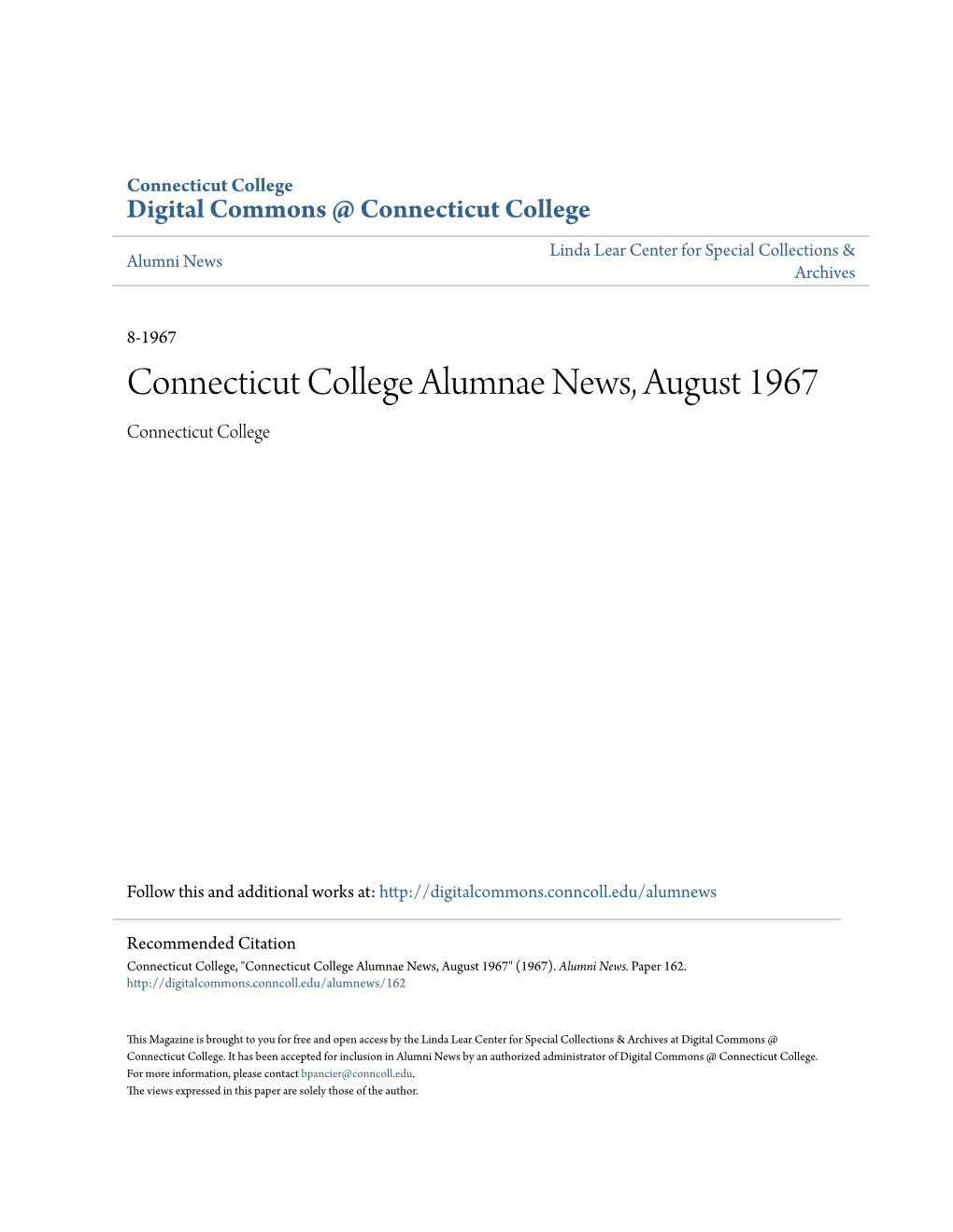 Connecticut College Alumnae News, August 1967 Connecticut College