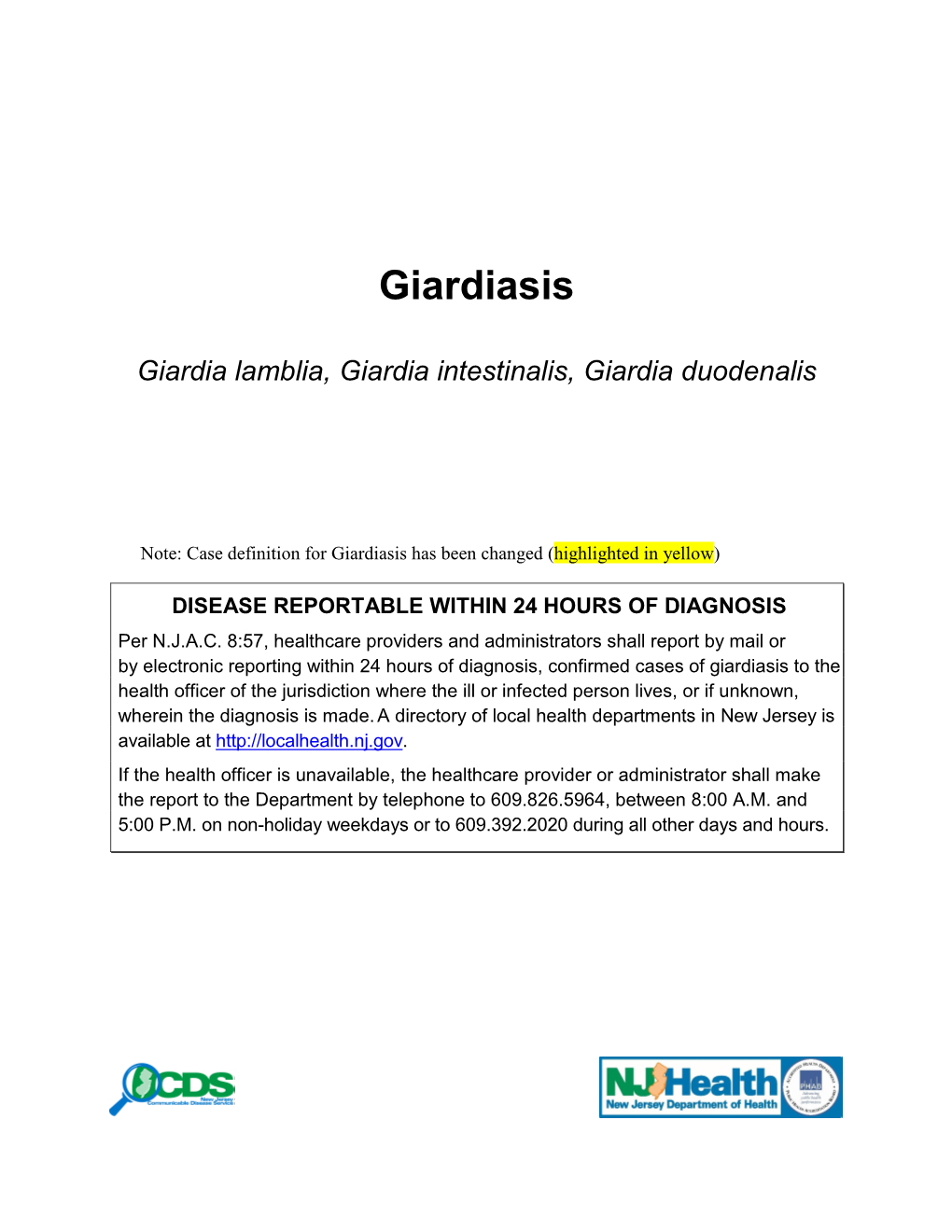 New Jersey Department of Health – Giardiasis