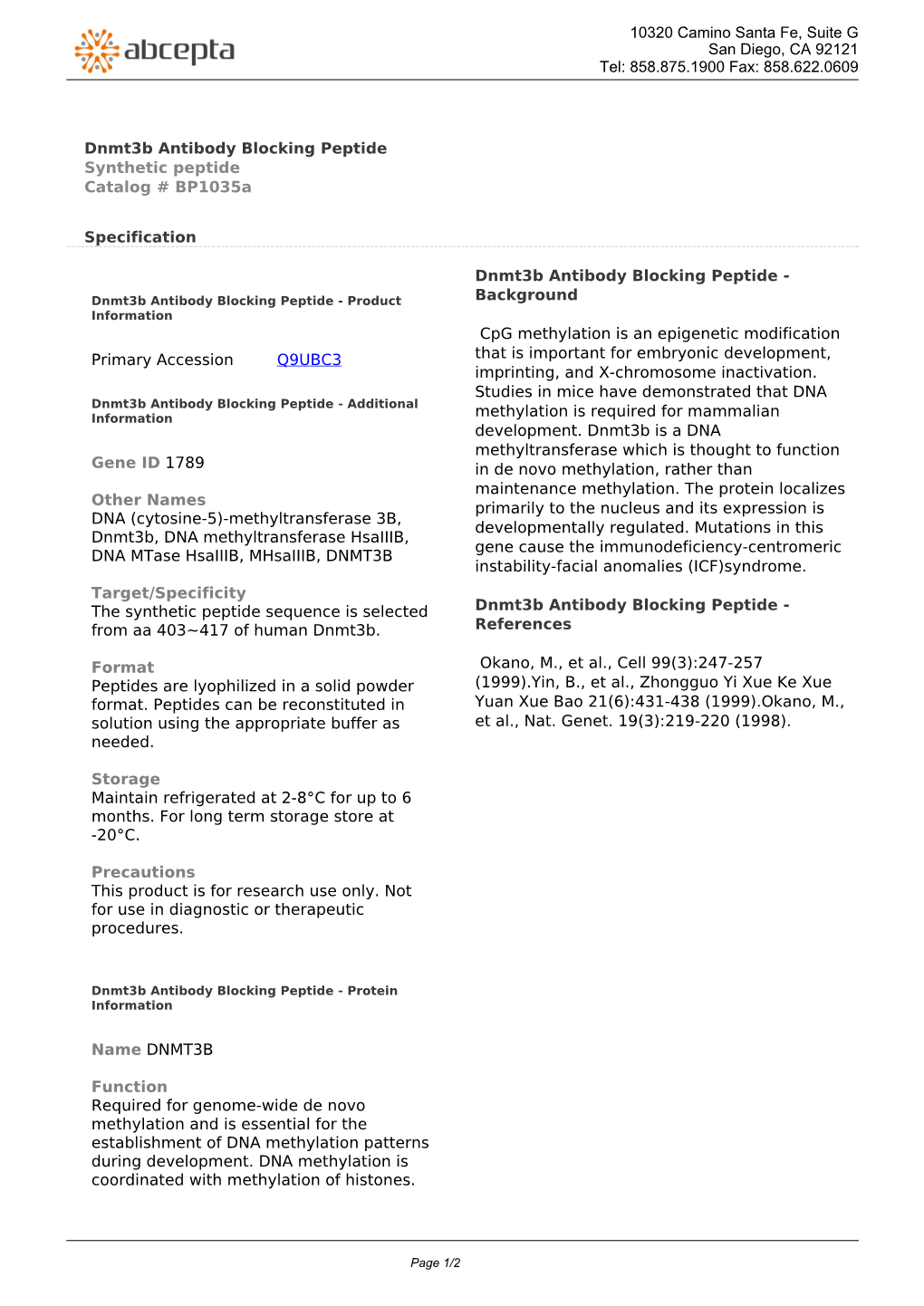 Dnmt3b Antibody Blocking Peptide Synthetic Peptide Catalog # Bp1035a