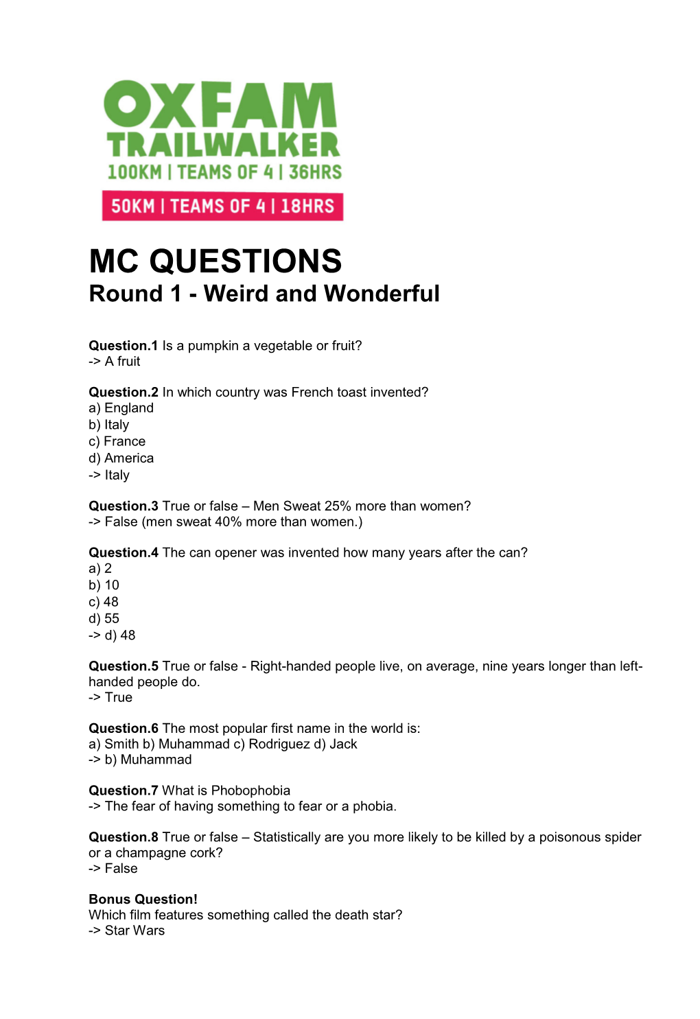 MC QUESTIONS Round 1 - Weird and Wonderful