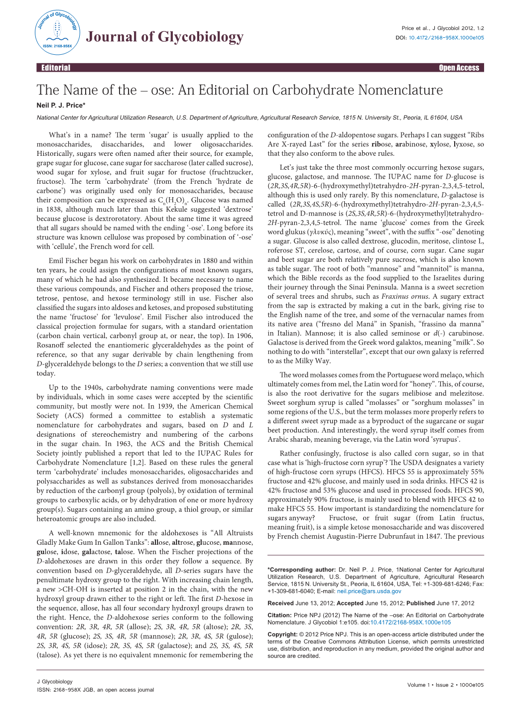 Ose: an Editorial on Carbohydrate Nomenclature Neil P