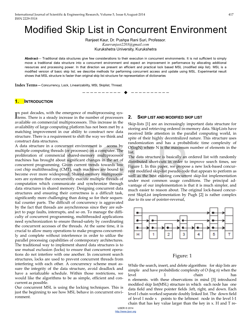 Modified Skip List in Concurrent Environment Ranjeet Kaur, Dr