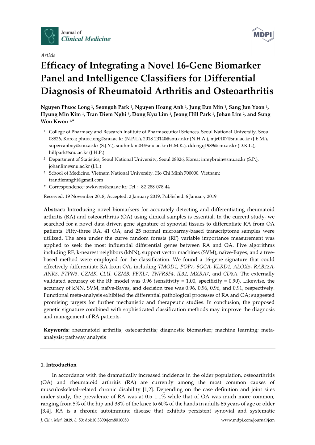 Efficacy of Integrating a Novel 16-Gene Biomarker Panel and Intelligence Classifiers for Differential Diagnosis of Rheumatoid Arthritis and Osteoarthritis