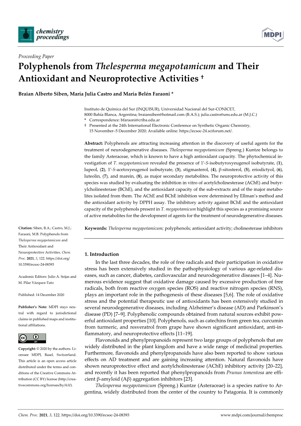 Polyphenols from Thelesperma Megapotamicum and Their Antioxidant and Neuroprotective Activities †