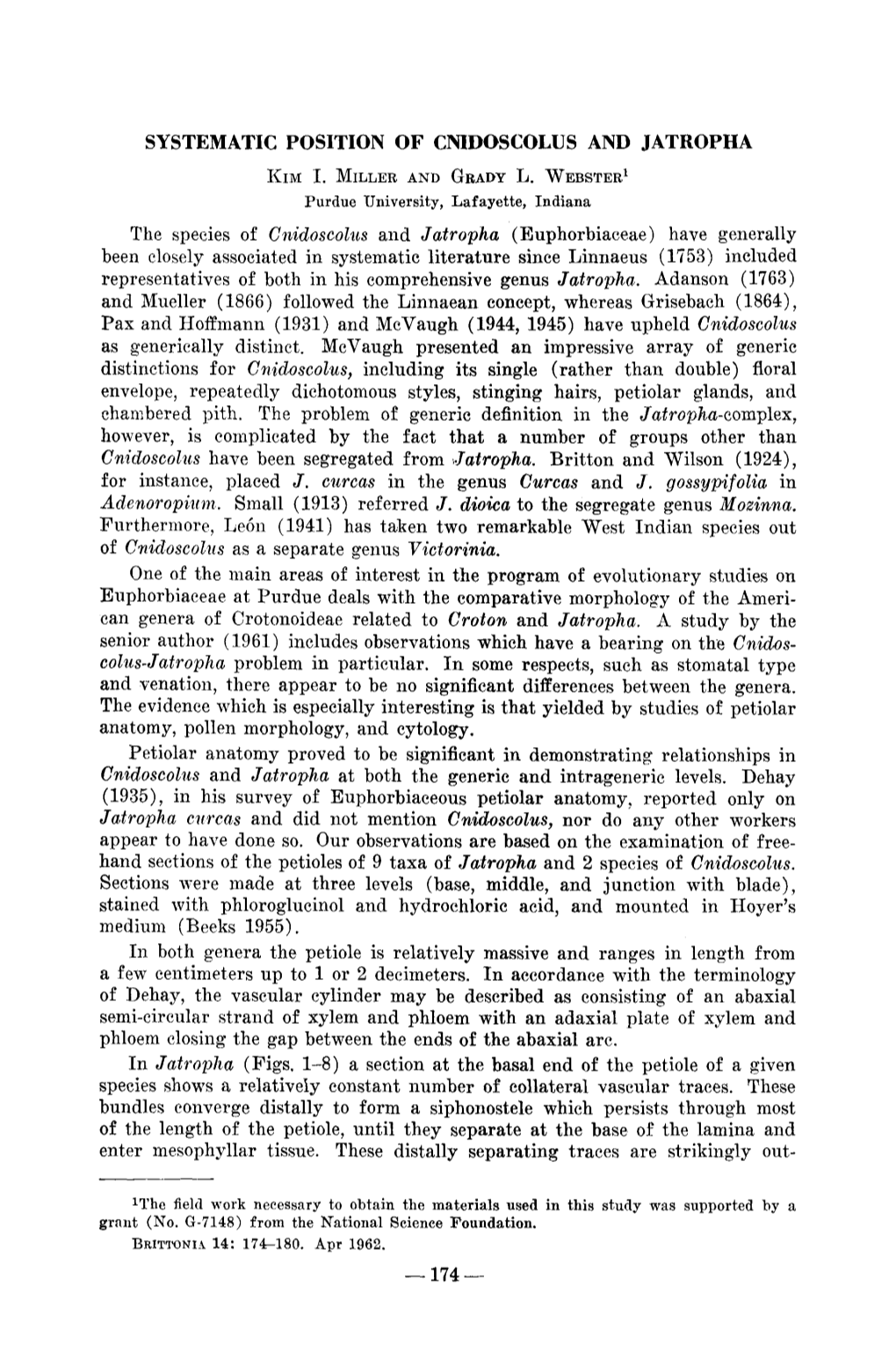 Systematic Position of Cnidoscolus and Jatropha