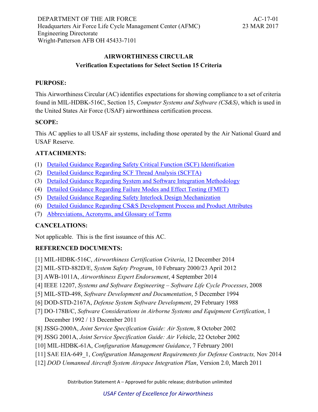 AC-17-01 Headquarters Air Force Life Cycle Management Center (AFMC) 23 MAR 2017 Engineering Directorate Wright-Patterson AFB OH 45433-7101