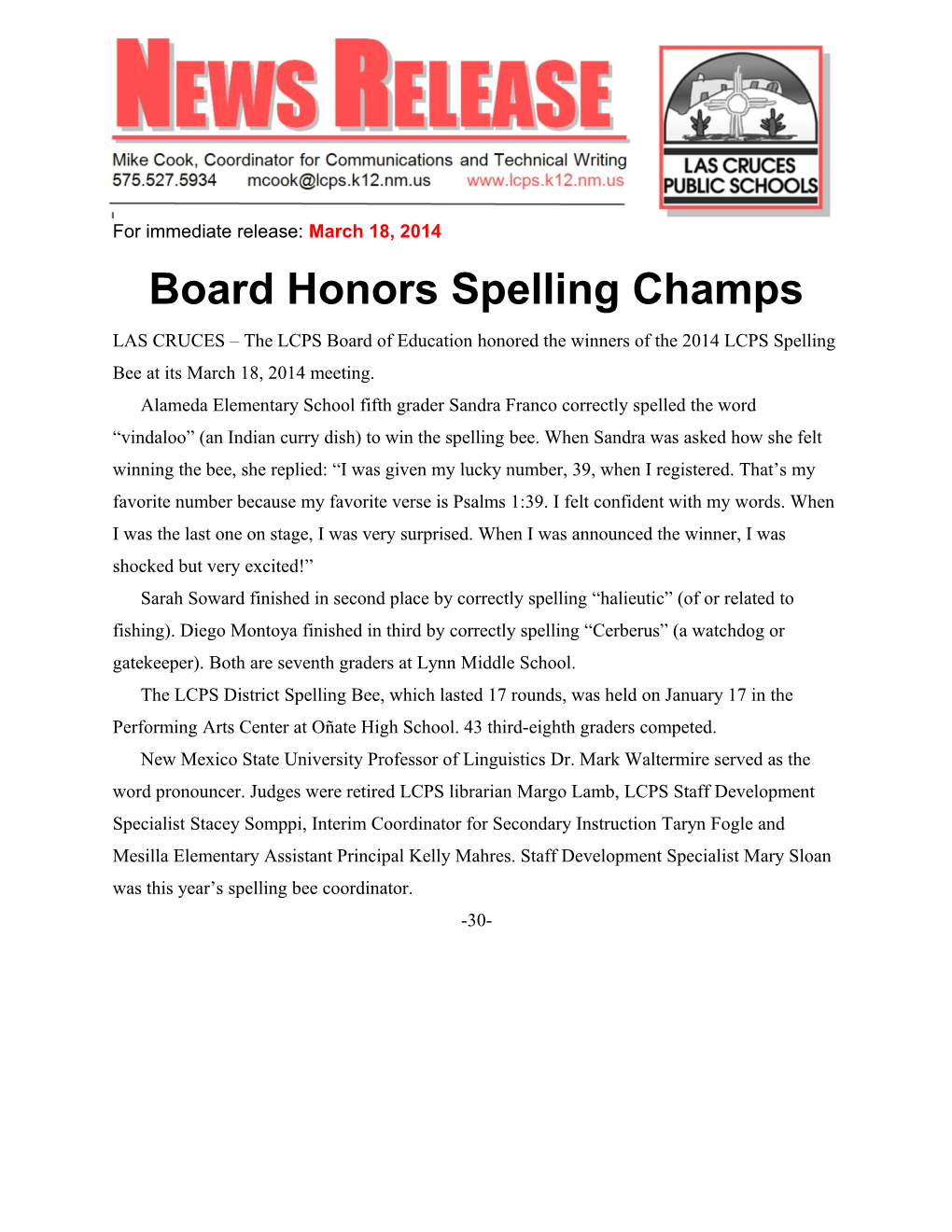 Board Honors Spelling Champs