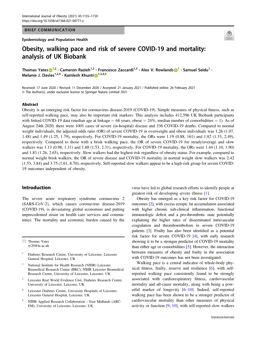 Obesity, Walking Pace and Risk of Severe COVID-19 and Mortality: Analysis of UK Biobank