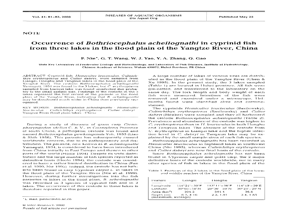 Occurrence of Bothriocephalus Acheilognathi in Cyprinid Fish from Three Lakes in the Flood Plain of the Yangtze River, China