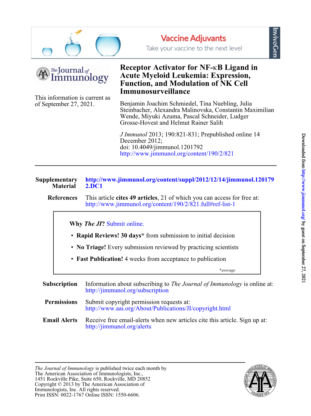 Immunosurveillance Function, and Modulation of NK Cell Acute