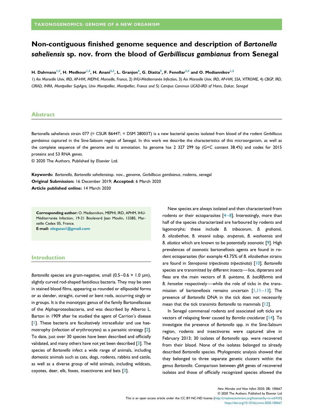 Non-Contiguous Finished Genome Sequence and Description of Bartonella Saheliensis Sp. Nov. from the Blood of Gerbilliscus Gambia