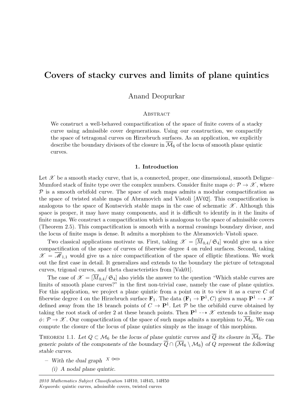 Covers of Stacky Curves and Limits of Plane Quintics