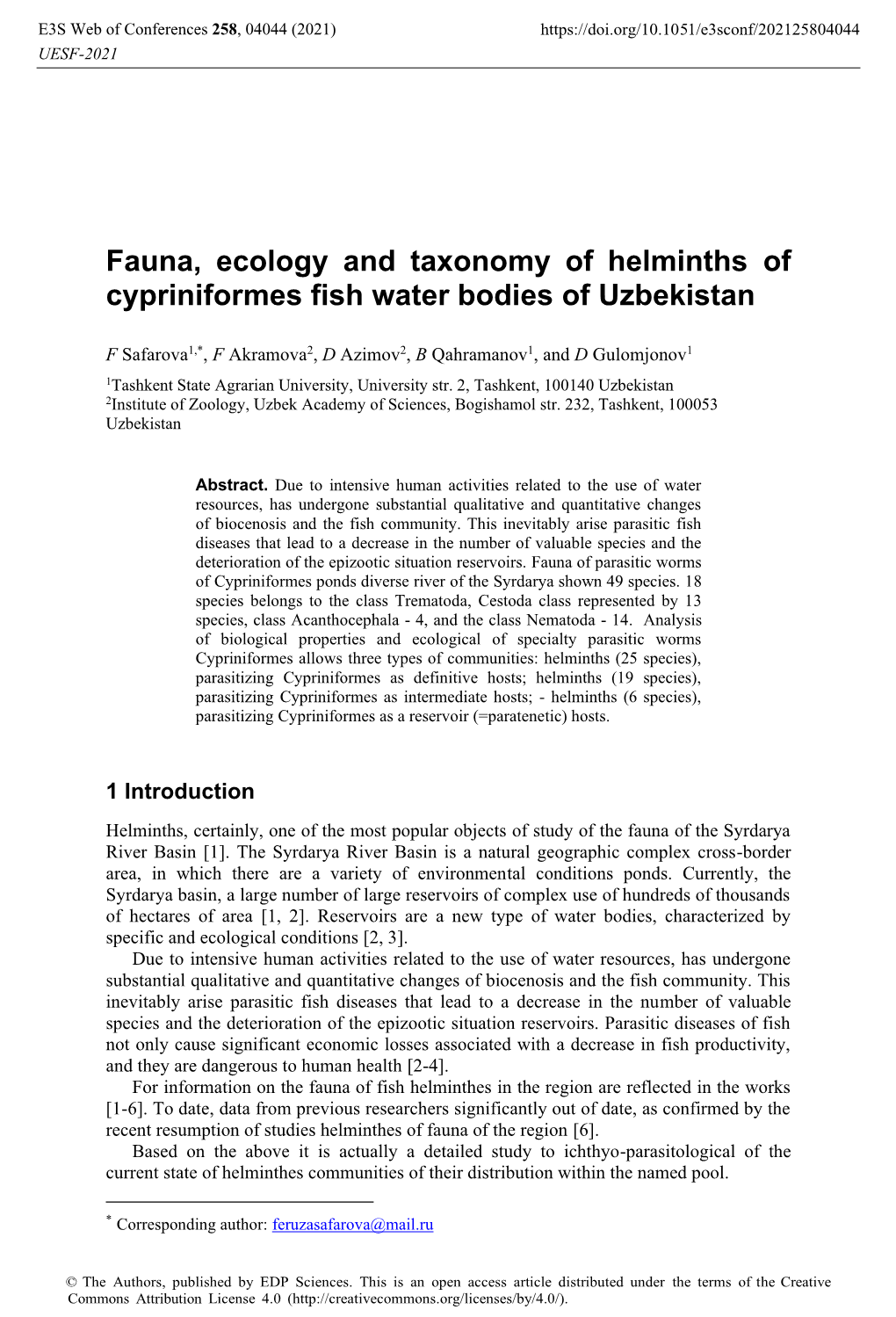 Fauna, Ecology and Taxonomy of Helminths of Cypriniformes Fish Water Bodies of Uzbekistan