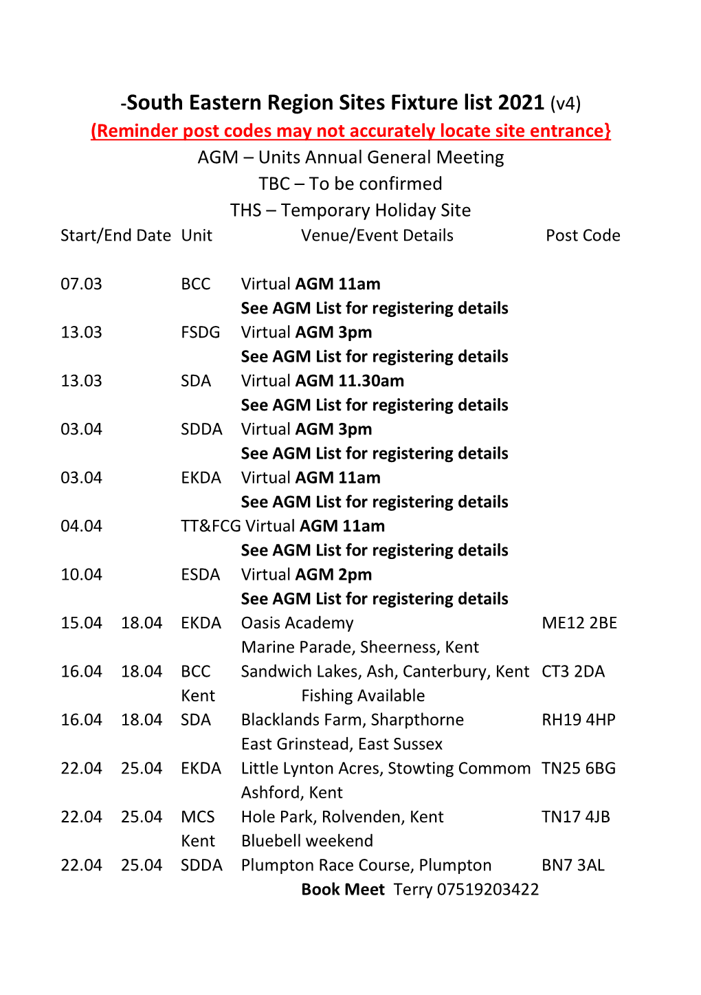 South Eastern Region Sites Fixture List 2021 (V4)