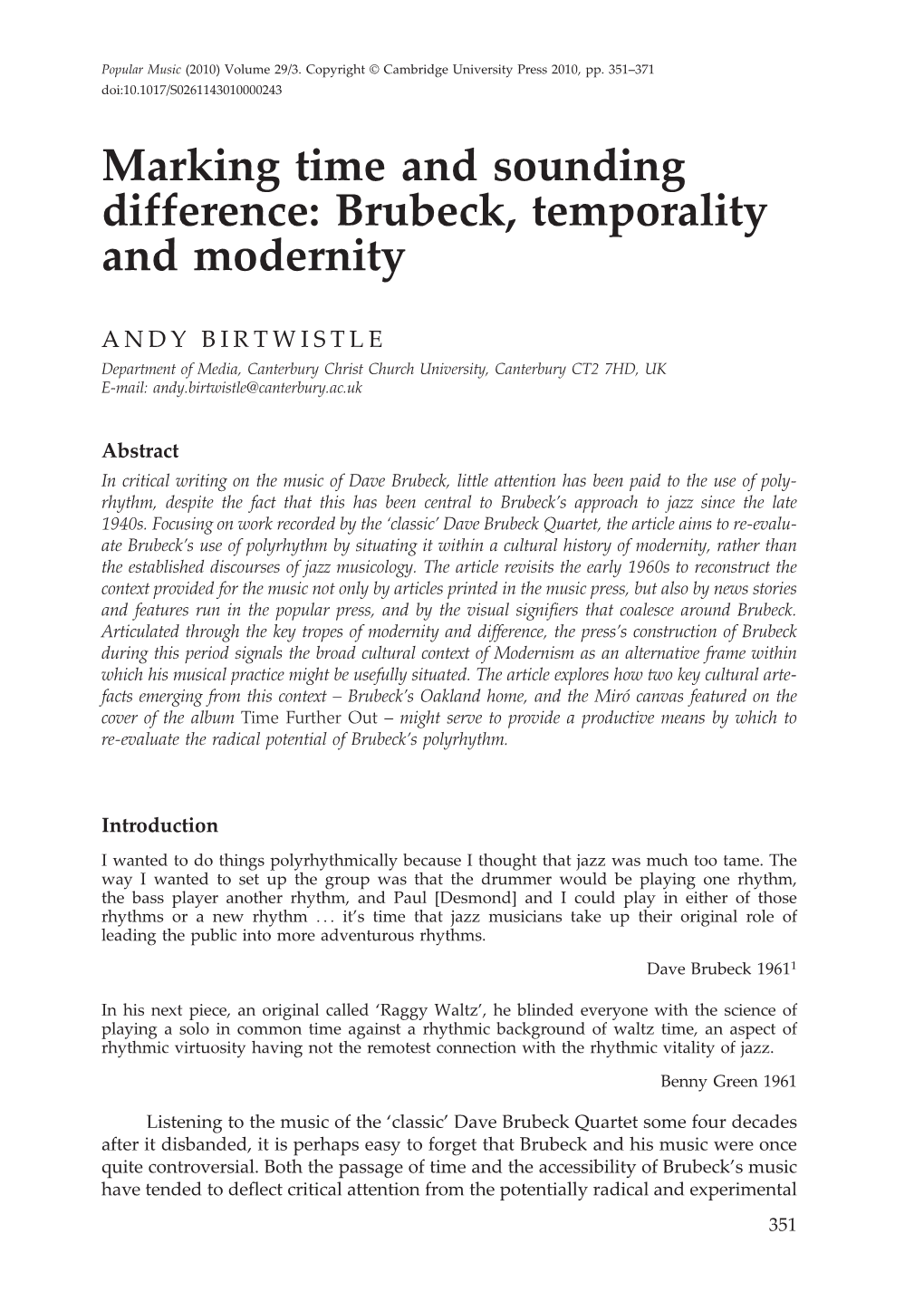 Marking Time and Sounding Difference: Brubeck, Temporality and Modernity