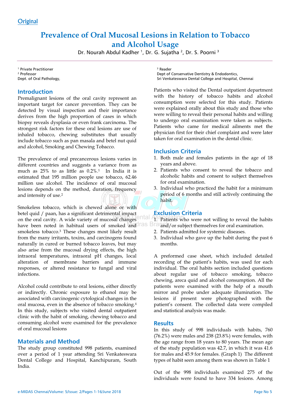 Prevalence of Oral Mucosal Lesions in Relation to Tobacco and Alcohol Usage Dr